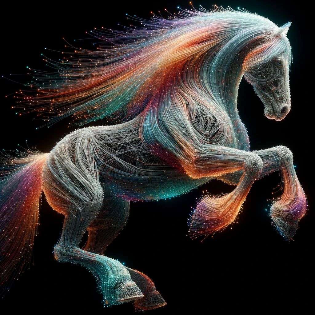 a horse, made from glowing multicolored luminescent fibers, digital art